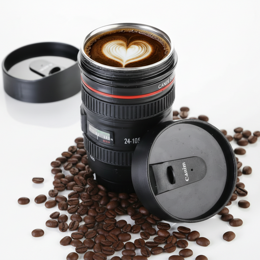 Camera lens mug with a heart-shaped coffee design on a white background with coffee beans.