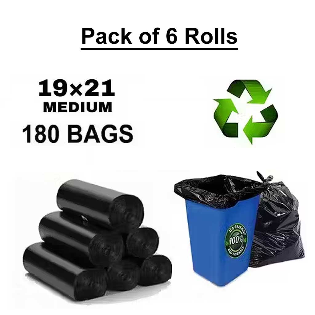Pack of 6 rolls of black trash bags with a recycling symbol, showing 180 bags in total.