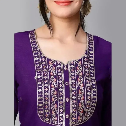 Cotton Blend Embroidered Straight Kurta With Pant & Dupatta
