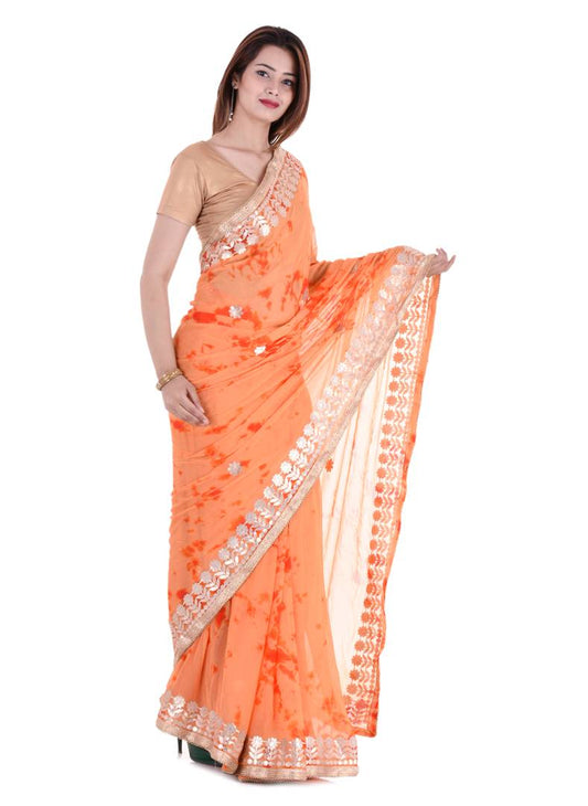 Orange Chiffon Gotta Patti Saree With Blouse Piece