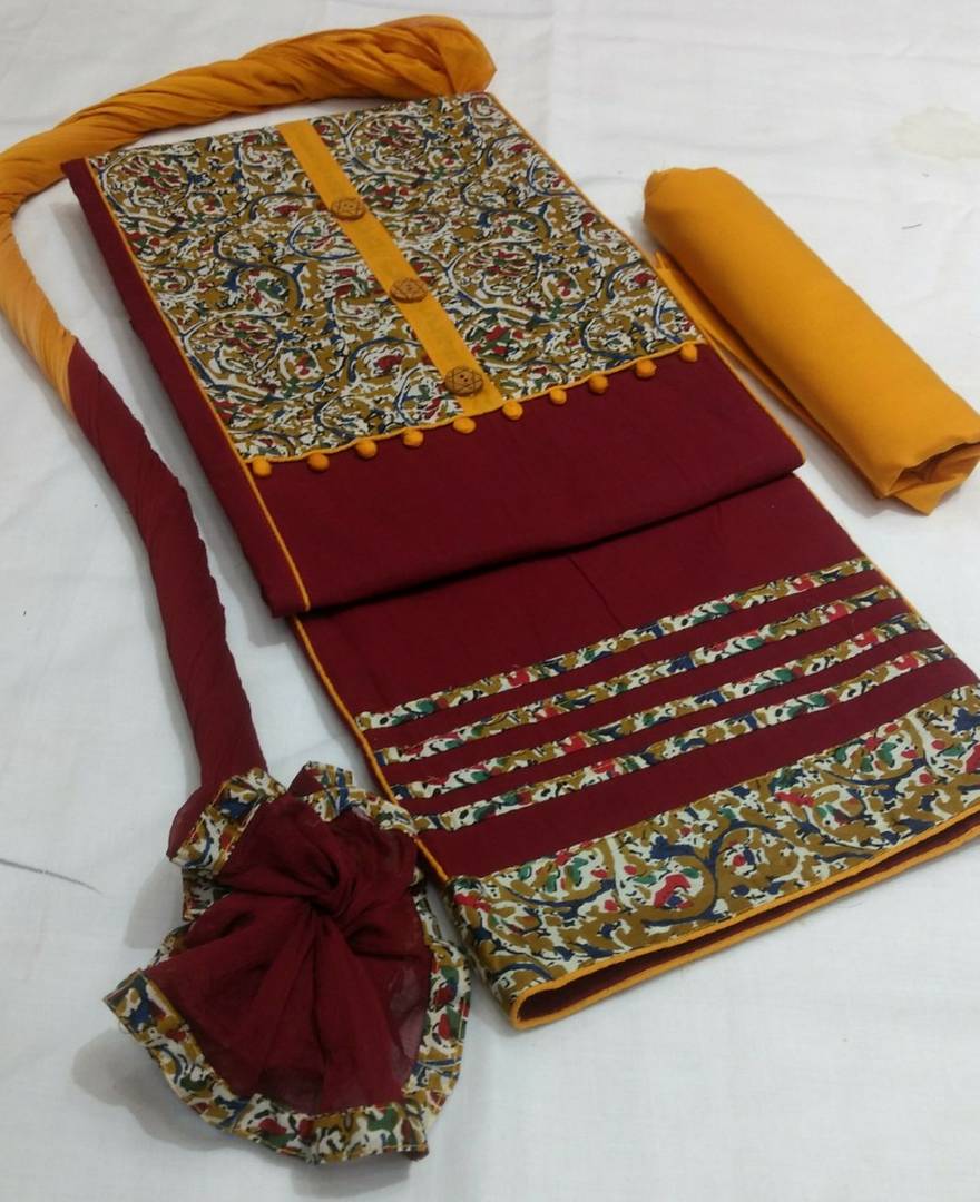 Stylish Handloom Cotton Print Patch Dress Material With Dupatta