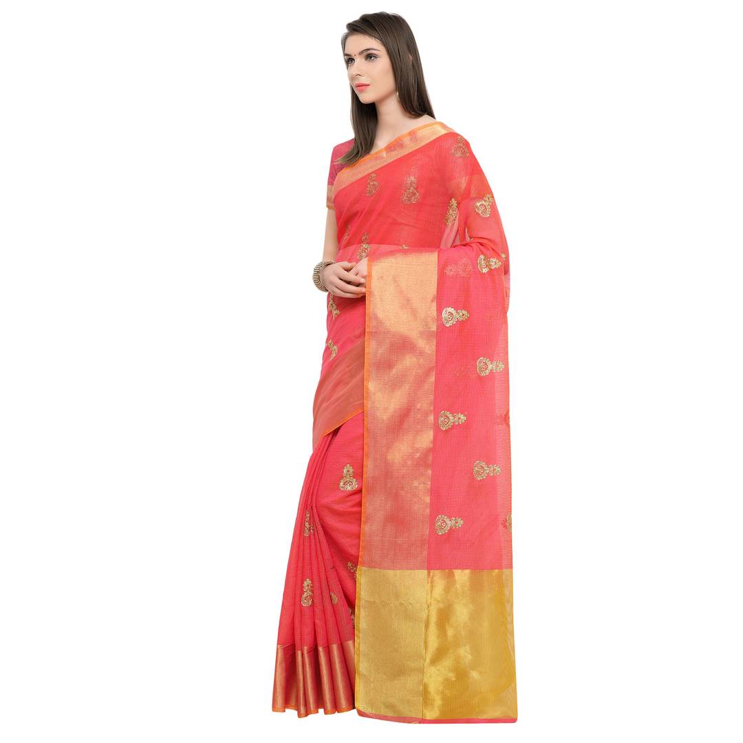 Women's embroided kota doria cotton saree with unstitched blouse piece