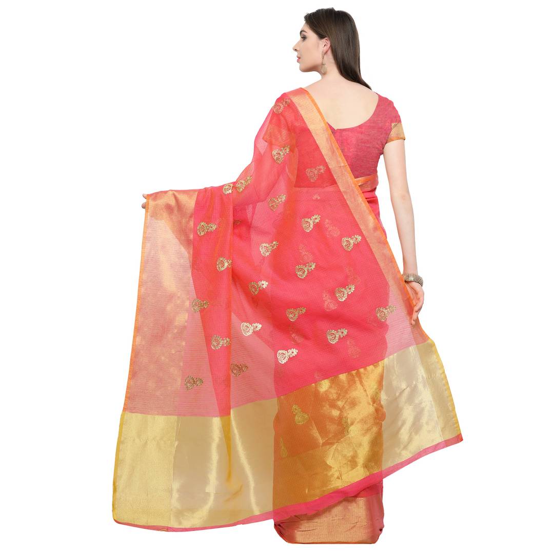 Women's embroided kota doria cotton saree with unstitched blouse piece