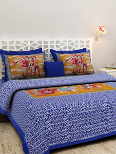 Rajasthani Rational Print Blue King Size Bed Sheet With Two Pillow Cover