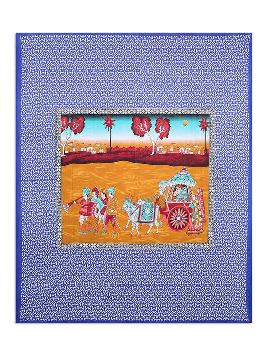Rajasthani Rational Print Blue King Size Bed Sheet With Two Pillow Cover