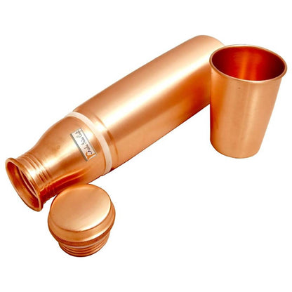 Copper Water Bottle 900 ML with Glass 250 ML, Lacquer Coated, Drinkware Set