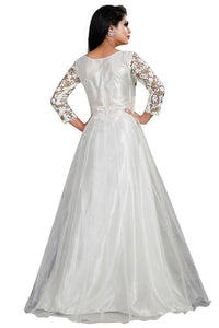 Stylish White Net Semi-Stitched Ethnic Gown