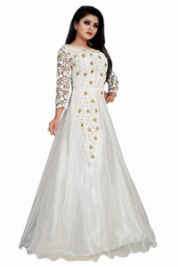 Stylish White Net Semi-Stitched Ethnic Gown