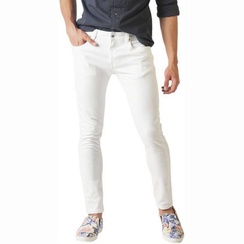 Men's White Cotton Blend Slim Fit Mid-Rise Jeans