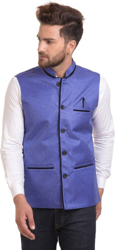 Men's Blue Cotton Blend Solid Nehru Jackets