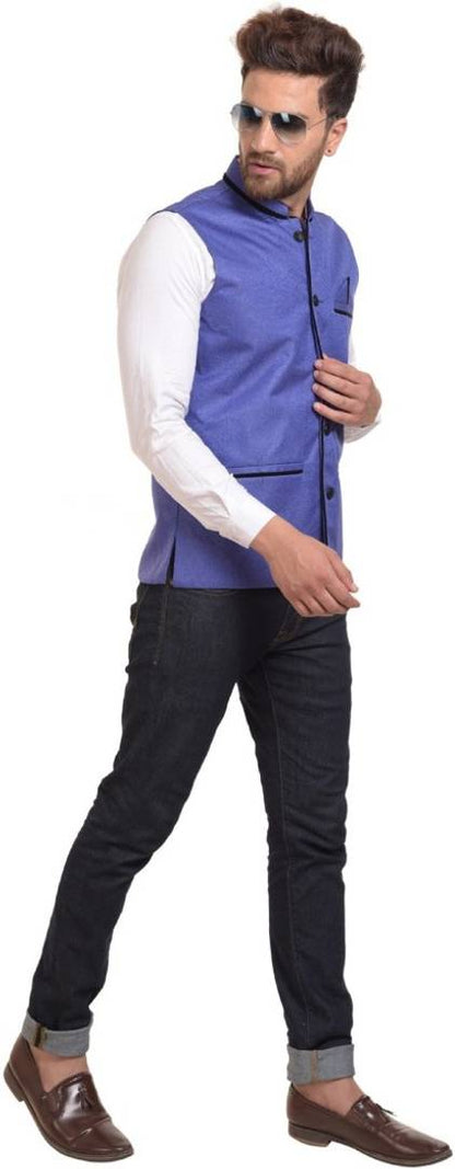 Men's Blue Cotton Blend Solid Nehru Jackets