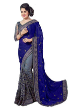 Load image into Gallery viewer, Trendy Navy Blue Georgette Embroidered Saree with Blouse piece