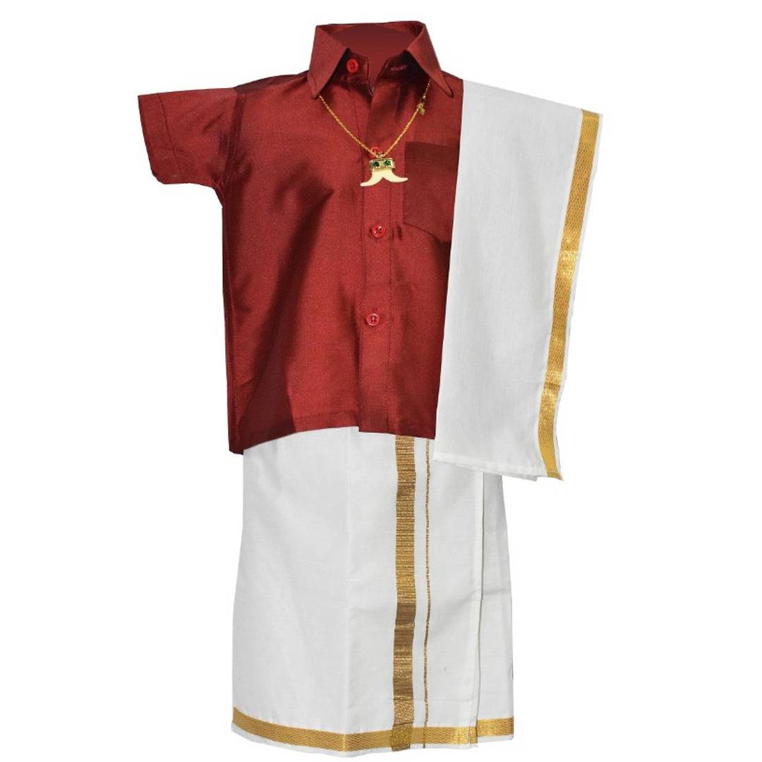 Chella Mapillai Boy's Maroon Silk Blend Shirt and Dhoti