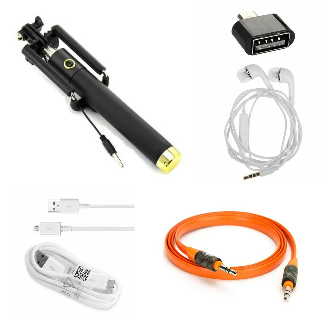 Combo Of Selfie Stick, Aux Cable, OTG, Earphone & Data Cable