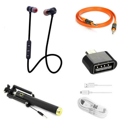 Combo Of Bluetooth Headset, Black Selfie Stick, Aux Cable, OTG & Data Cable