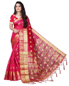 Pink Self Pattern Banarasi Silk Saree With Blouse Piece