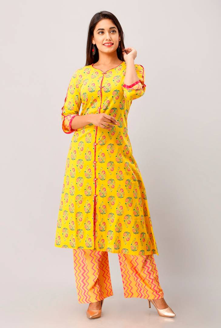 Cotton Floral Print A-Line Kurta With Palazzo Set In Yellow