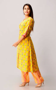 Cotton Floral Print A-Line Kurta With Palazzo Set In Yellow
