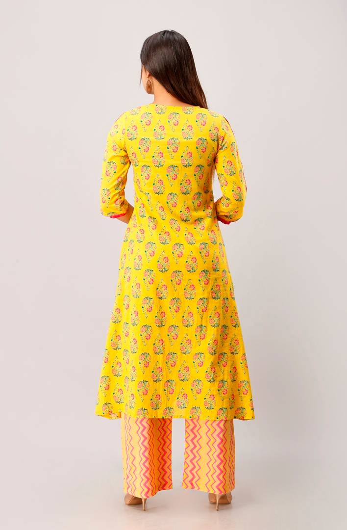 Cotton Floral Print A-Line Kurta With Palazzo Set In Yellow