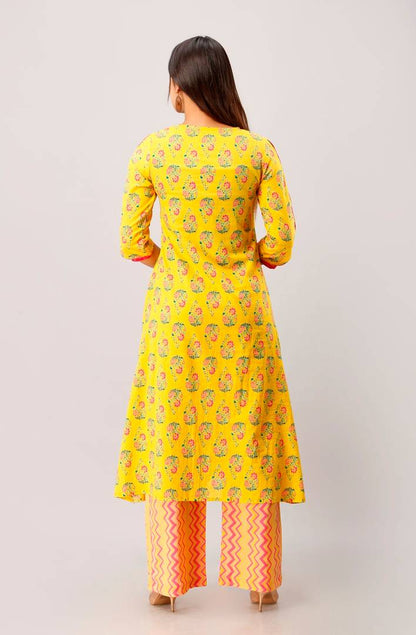 Cotton Floral Print A-Line Kurta With Palazzo Set In Yellow