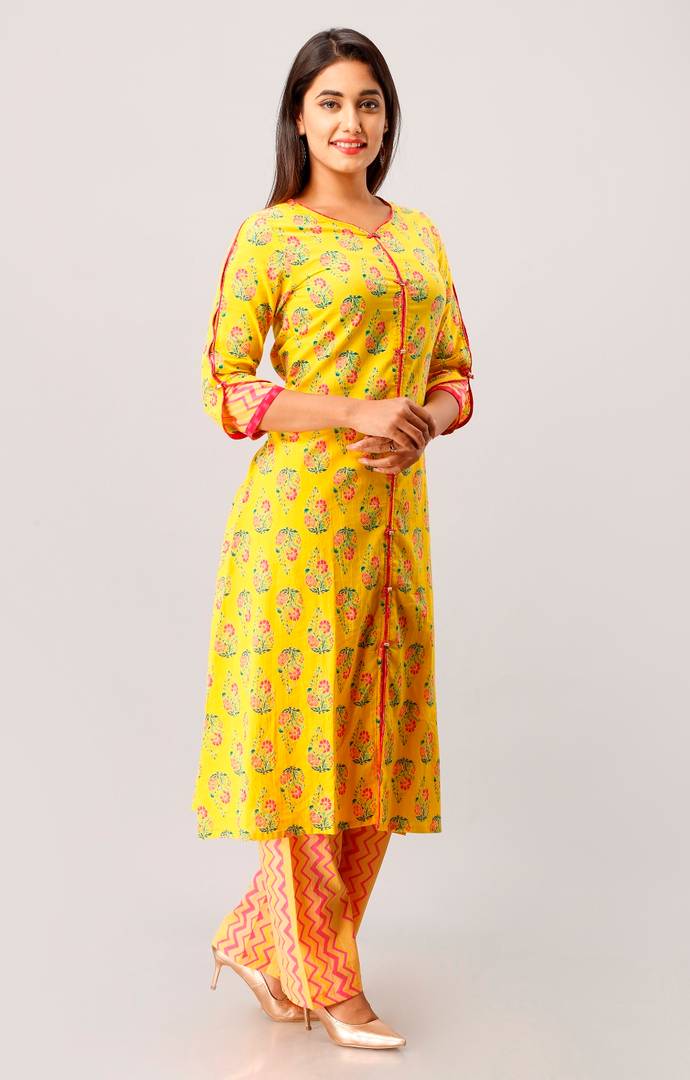 Cotton Floral Print A-Line Kurta With Palazzo Set In Yellow