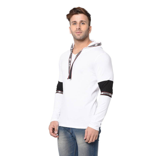Men's White Typography Cotton Self Pattern Hooded T-Shirt