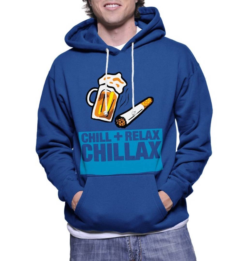 Men's Blue Fleece Printed  Long Sleeves Hooded Sweatshirt