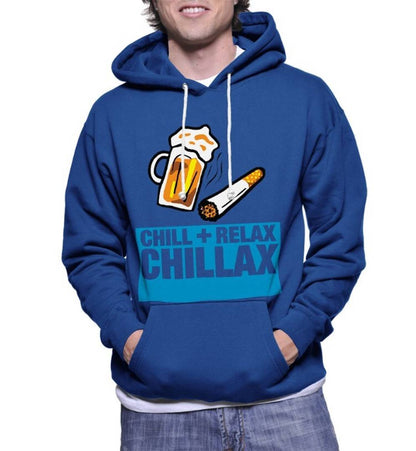 Men's Blue Fleece Printed  Long Sleeves Hooded Sweatshirt