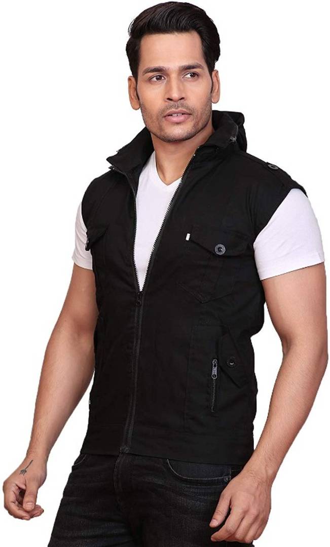 Men's Black Cotton Solid Sleeveless Open Front Jacket