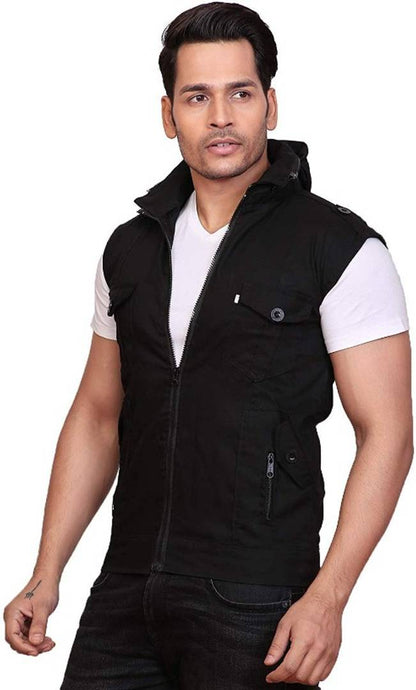 Men's Black Cotton Solid Sleeveless Open Front Jacket