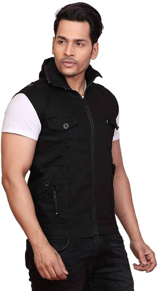 Men's Black Cotton Solid Sleeveless Open Front Jacket