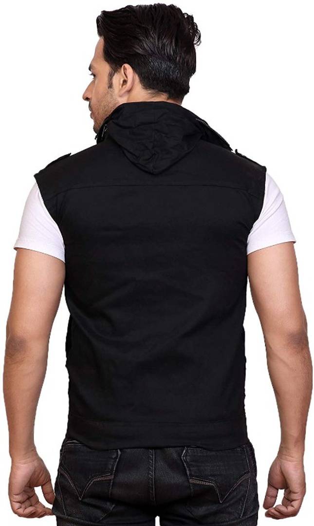 Men's Black Cotton Solid Sleeveless Open Front Jacket