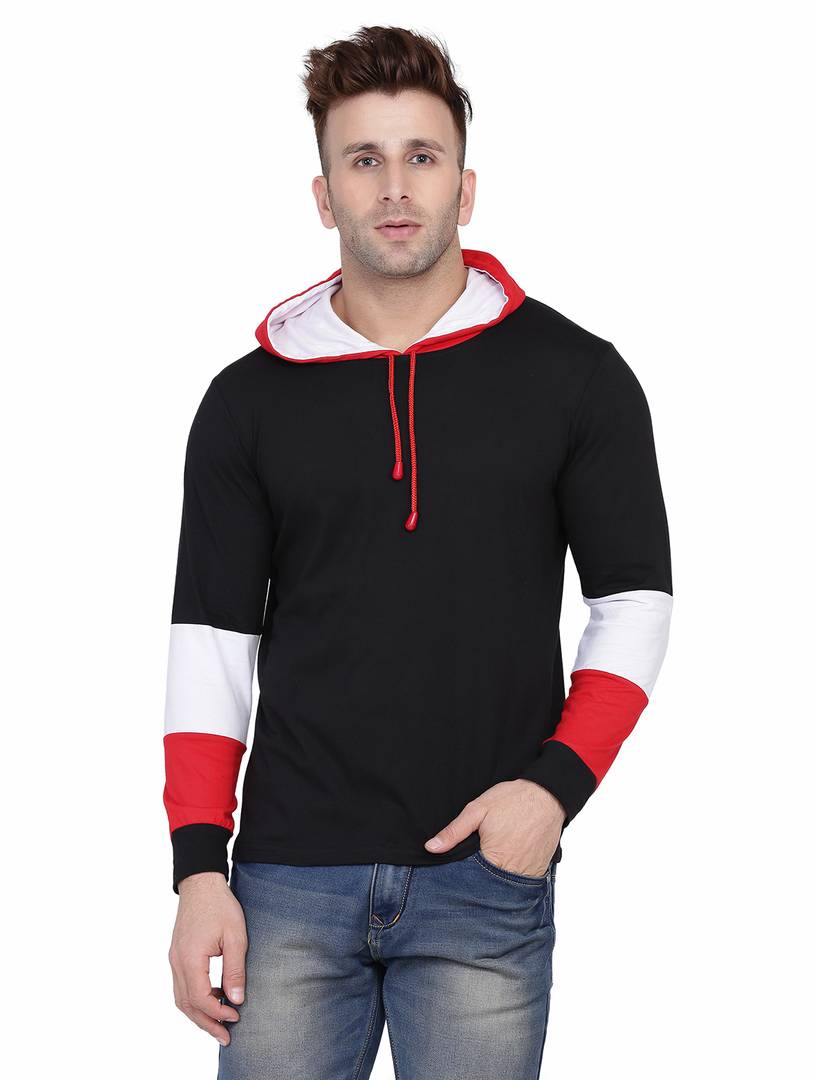 Men's Black Self Pattern Cotton Hooded Tees