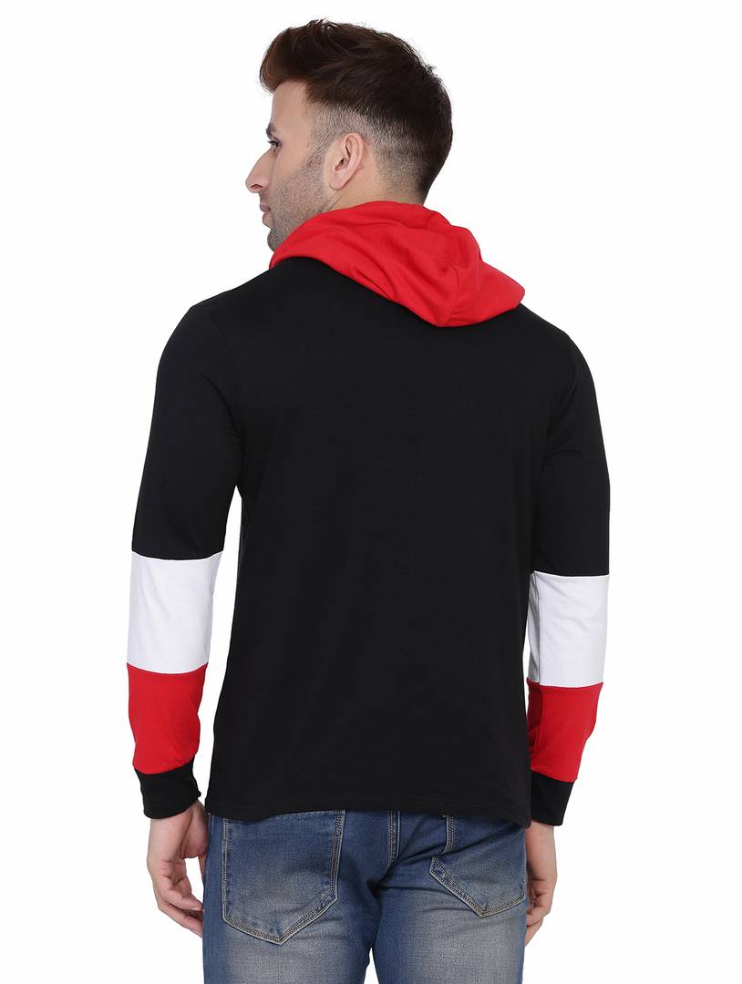 Men's Black Self Pattern Cotton Hooded Tees