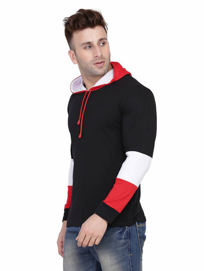 Men's Black Self Pattern Cotton Hooded Tees