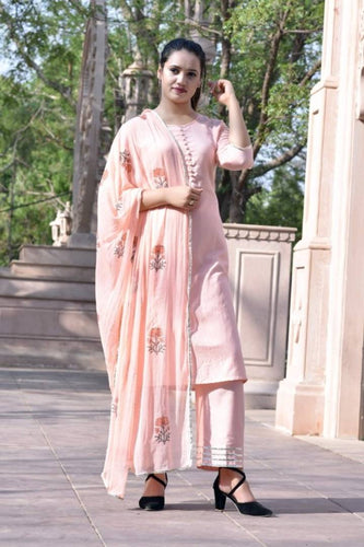 Elegant Peach Printed Cotton Women Kurta Pant Set with Dupatta