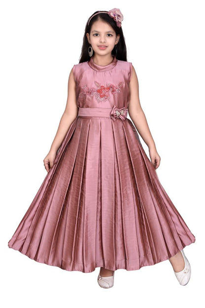 Girls Solid Peach Silk Blend Frocks