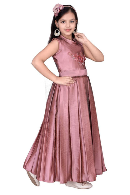 Girls Solid Peach Silk Blend Frocks