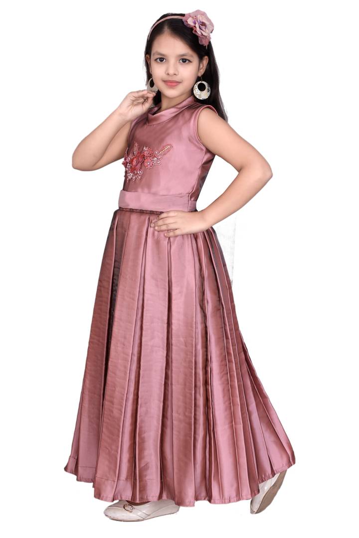 Girls Solid Peach Silk Blend Frocks