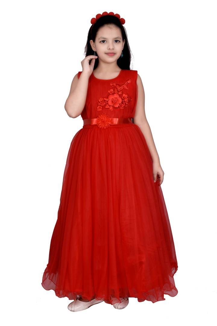 Girls Solid Red Net A-Line Dress