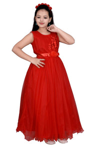 Girls Solid Red Net A-Line Dress