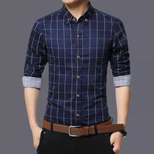Load image into Gallery viewer, Men&#39;s Navy Blue Cotton Long Sleeves Checked Slim Fit Casual Shirt