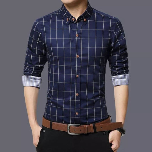 Men's Navy Blue Cotton Long Sleeves Checked Slim Fit Casual Shirt
