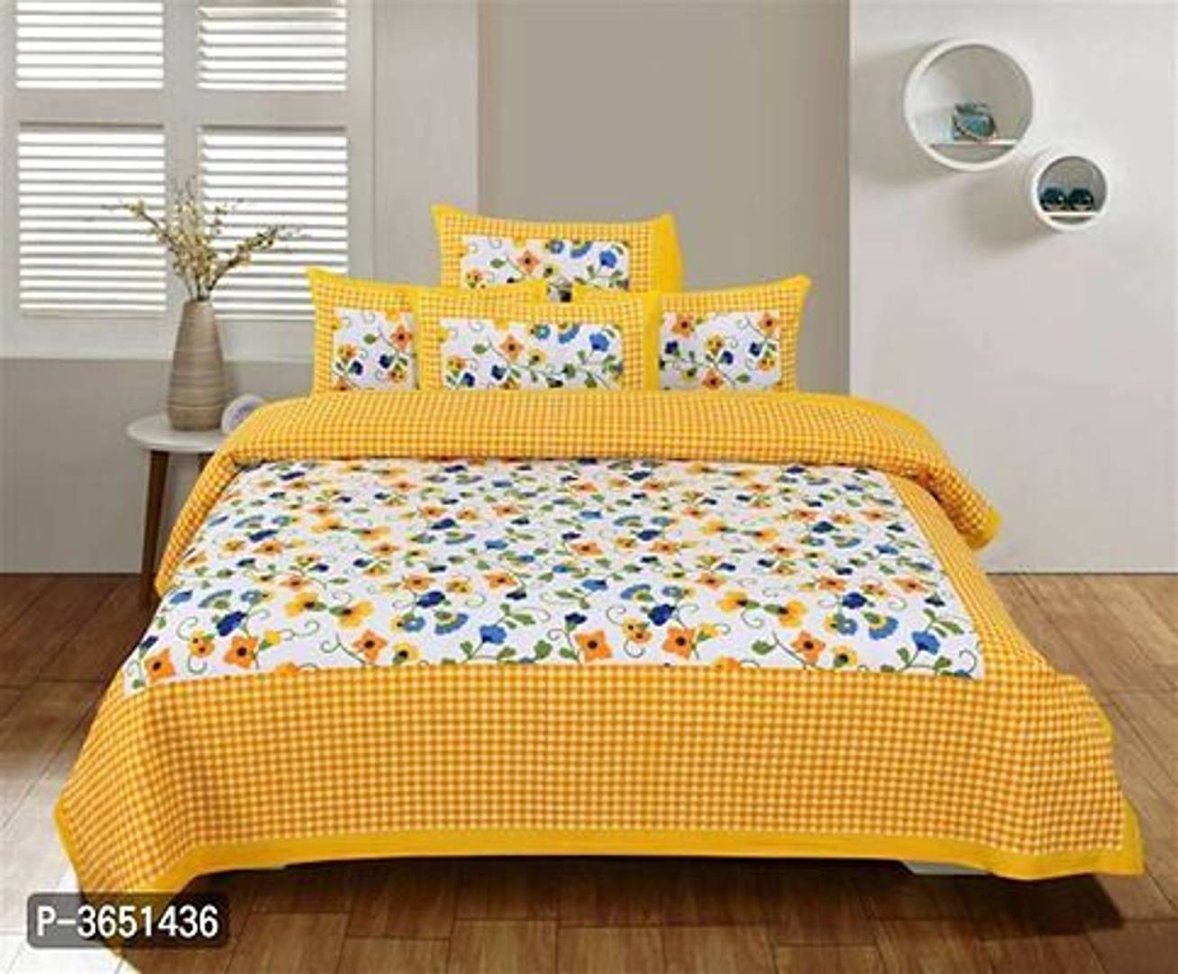 Designer Yellow Cotton Abstract Double Bedsheet with 2 Pillow Covers