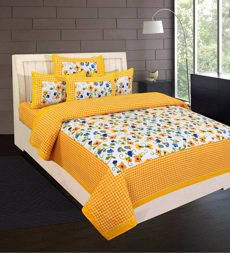 Designer Yellow Cotton Abstract Double Bedsheet with 2 Pillow Covers