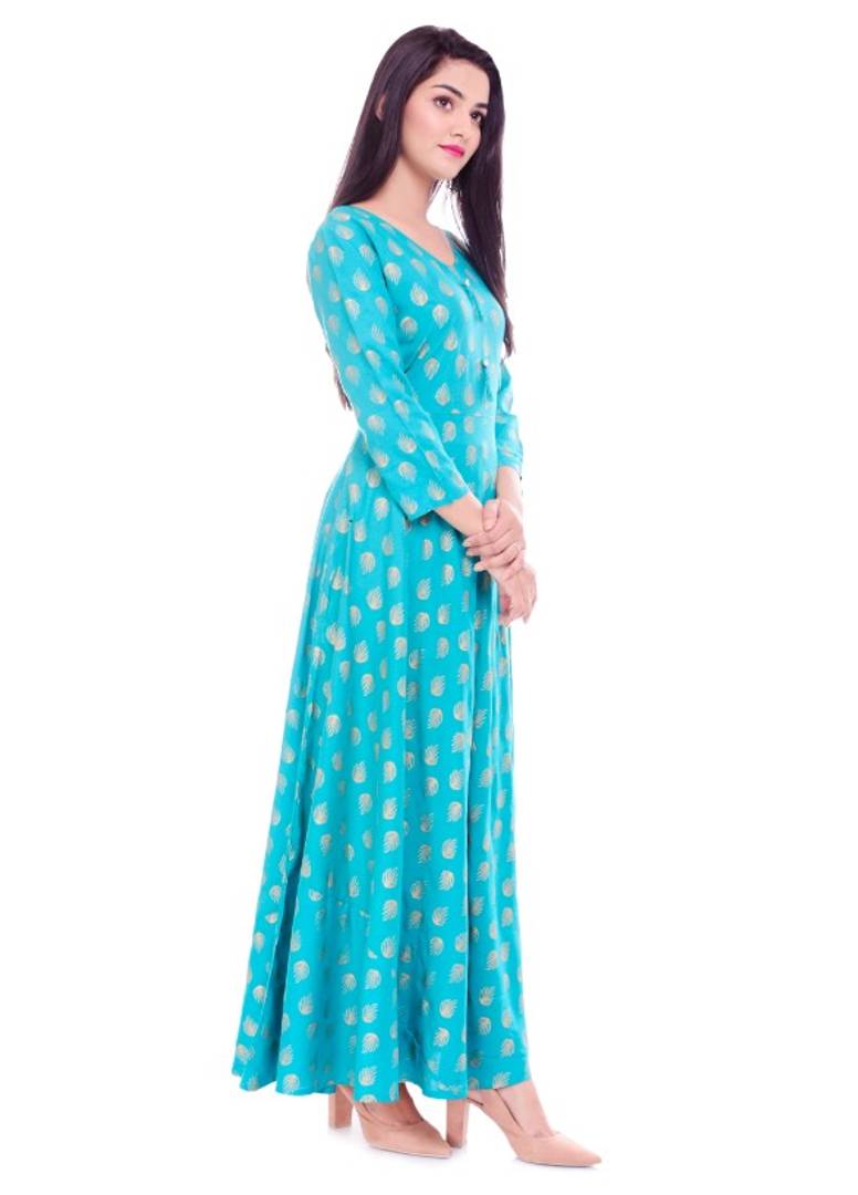 Women's Green  Rayon Printed Long Gown