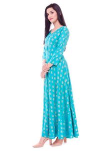 Women's Green  Rayon Printed Long Gown