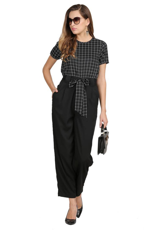 Versatile Black Checked American Crepe Women Jumpsuit