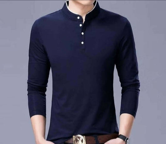 Men's Navy Blue Cotton Solid Mandarin Tees