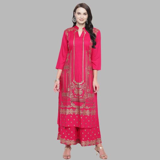 Elegant Pink Rayon Printed Kurta And Palazzo Set